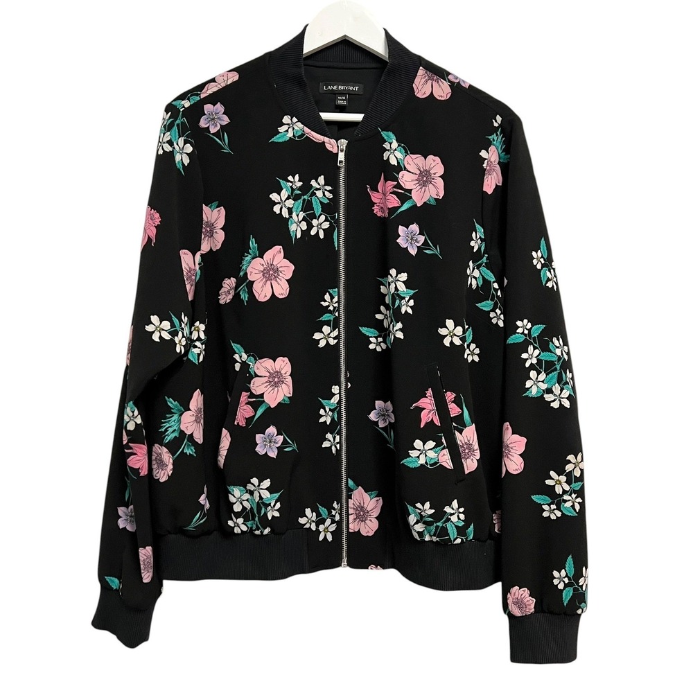 Lane Bryant Bomber Jacket Womens 14/16 Black Floral‎ Zip Up Stretch Feminine